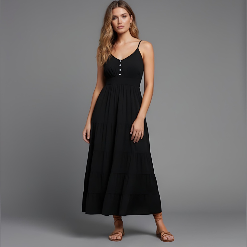 LAST ONE ๐ฅ Black Boho Ruffle Hem Cami Dress - Picture 1 of 6